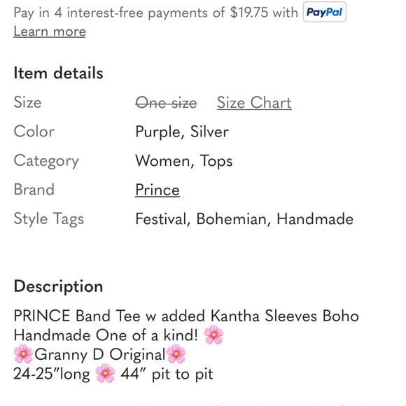 PRINCE Band T with Kantha Sleeves Boho Handmade One of A Kind - Picture 6 of 6